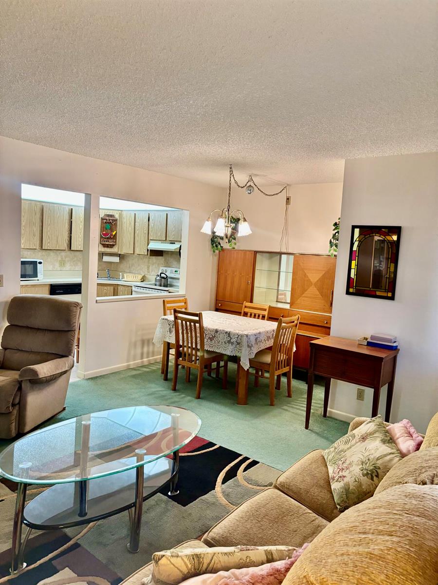 A living and dining area with green carpeting, a glass coffee table, and a kitchen pass-through — 423 Pine Glen Lane # 1, FL 33463, FL