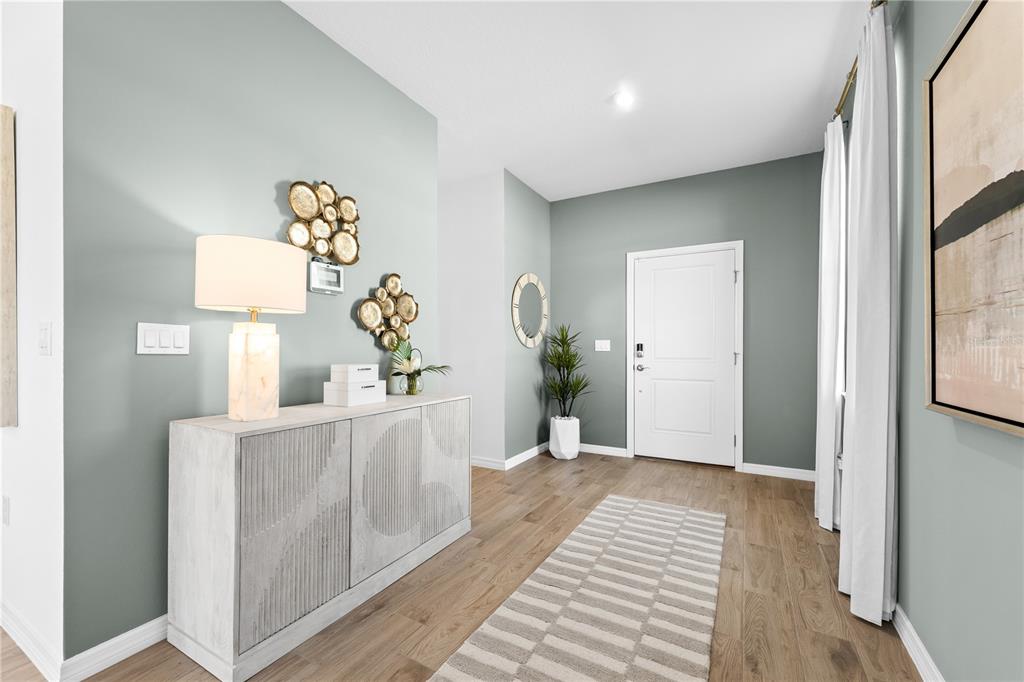 A modern entryway features a light wood console table, a striped rug, and sage-colored walls — 10148 MORNING MEADOWLARK TRAIL, PARRISH, FL