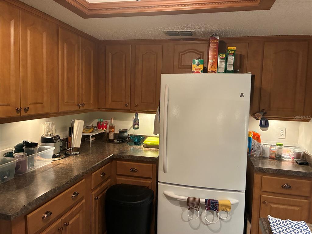 A kitchen features wood cabinets, dark countertops, and a white refrigerator — 10310 SW 91ST COURT, OCALA, FL