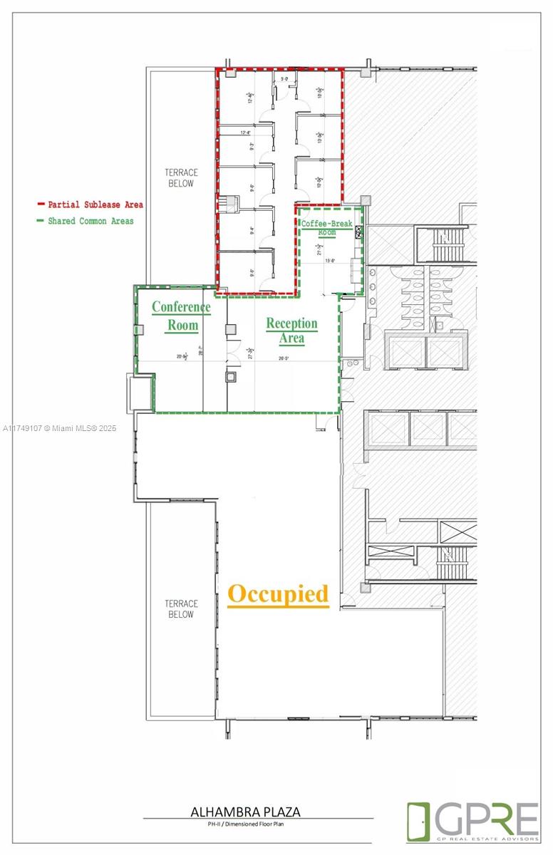 This is a floor plan showing a partial sublease area and shared common areas — 2 Alhambra Plz # A, Coral Gables FL 33134, CORAL GABLES, FL