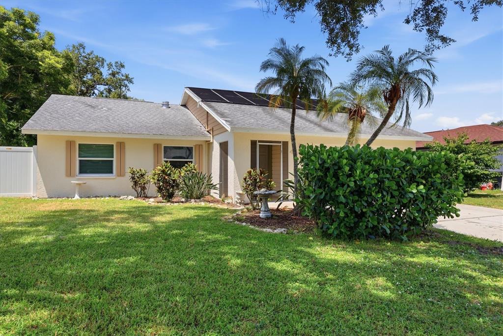 A single-story house with solar panels on the roof, a front lawn, and palm trees — 4089 KING RICHARD DRIVE, SARASOTA, FL