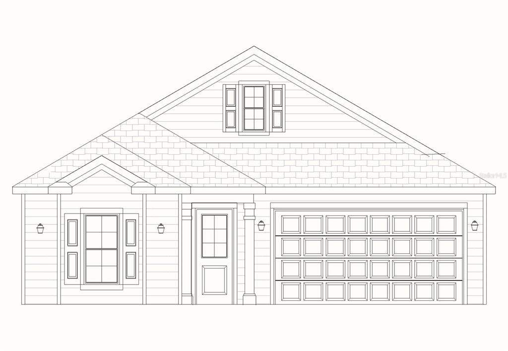 A line drawing rendering of a single-story house exterior with a front-facing garage — 863 NW 132ND BOULEVARD, NEWBERRY, FL