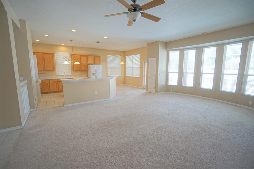An open-concept living area features beige carpeting, a kitchen with wood cabinets, and large windows — 12402 WINDMILL COVE DRIVE, RIVERVIEW, FL