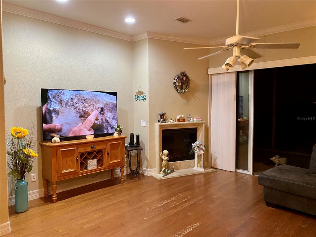 A living room features hardwood floors, a fireplace, a television on a wooden stand, and a ceiling fan — 1051 GREEN GATE BOULEVARD, GROVELAND, FL