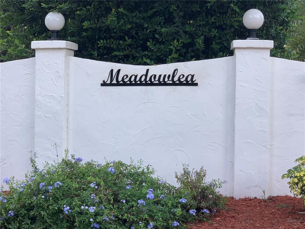 A white stucco wall with the name Meadowlea features two pillar-mounted globe lights and landscaping — 162 LEISURE WORLD DRIVE N, DEBARY, FL