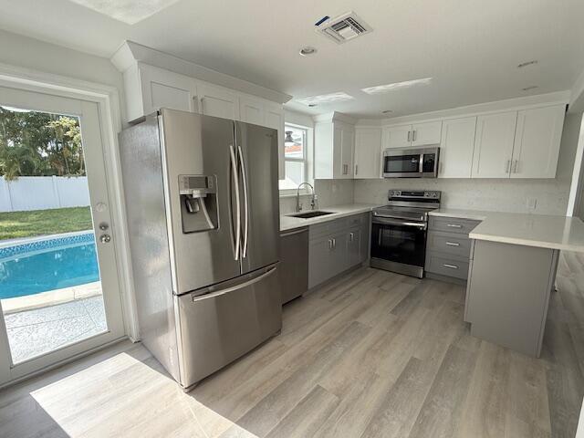 A modern kitchen features white cabinets, stainless steel appliances, and a view of a pool — 28 SW 9th Avenue, Boca Raton FL 33486, BOCA RATON, FL