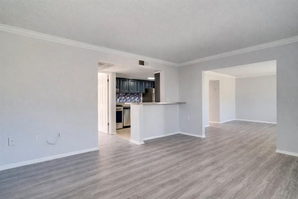 An open-concept living area features light gray walls, wood-look flooring, and a kitchen pass-through window — 129 BLUE POINT WAY UNIT 340, ALTAMONTE SPRINGS, FL