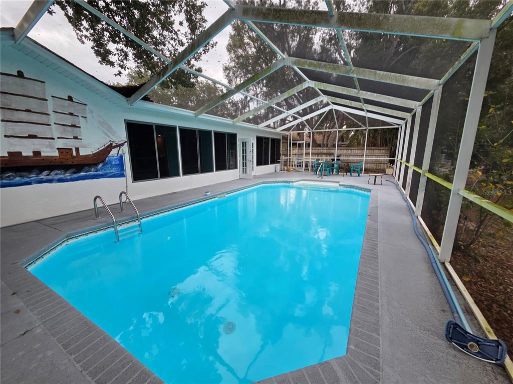 A rectangular swimming pool is enclosed by a screened lanai with a painted ship mural — 7605 LANDMARK DRIVE, SPRING HILL, FL
