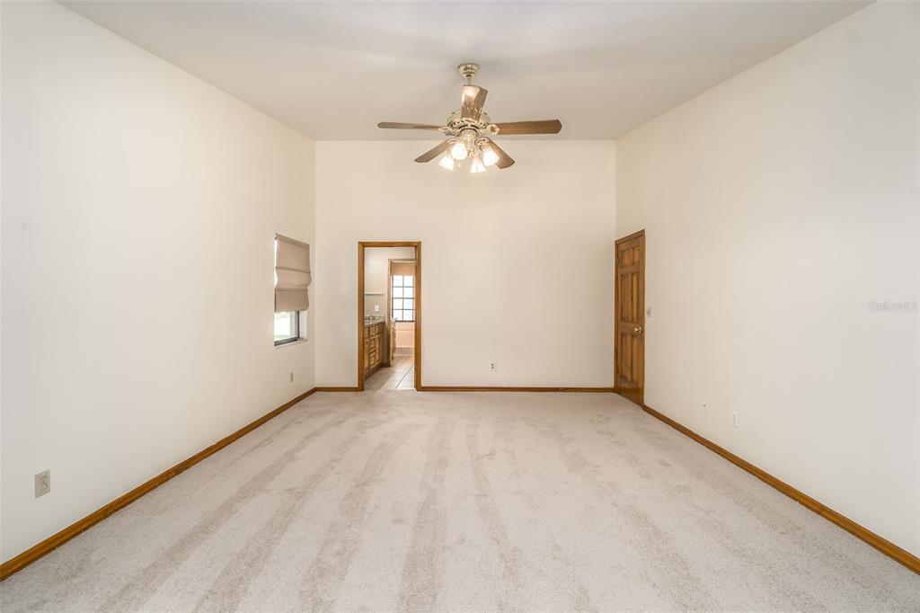 A carpeted bedroom features a ceiling fan, a window, and two doorways — 714 PENNYROYAL PLACE, BRANDON, FL