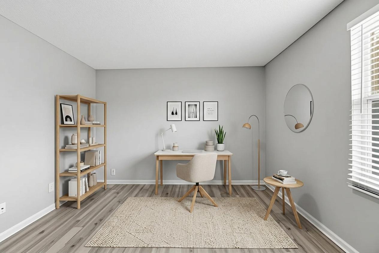 A home office features a wooden desk, bookshelf, round mirror, and light wood-look flooring — 5477 NW 44th Way, Coconut Creek FL 33073, COCONUT CREEK, FL