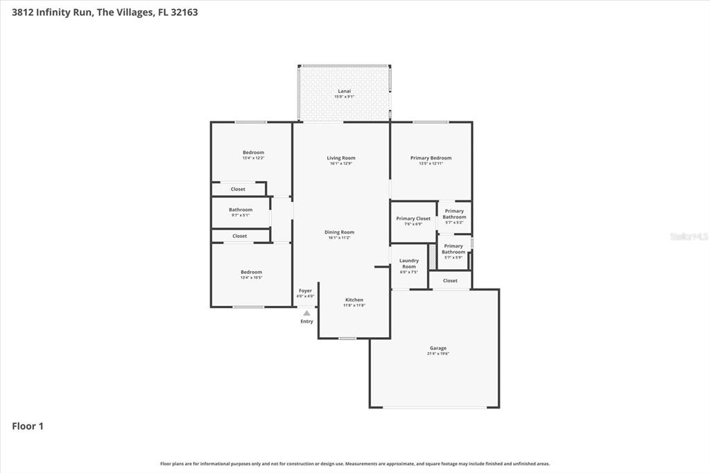 This is a floor plan for a single-story residential home with a garage and lanai — 3812 INFINITY RUN, THE VILLAGES, FL