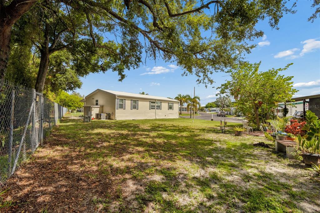 A grassy backyard area with a chain-link fence and a single-story house exterior — 9790 66TH STREET UNIT 368, PINELLAS PARK, FL