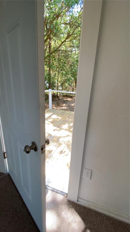 An open white door leads from a carpeted room to an outdoor wooden deck — 58 MILEHAM DRIVE, ORLANDO, FL