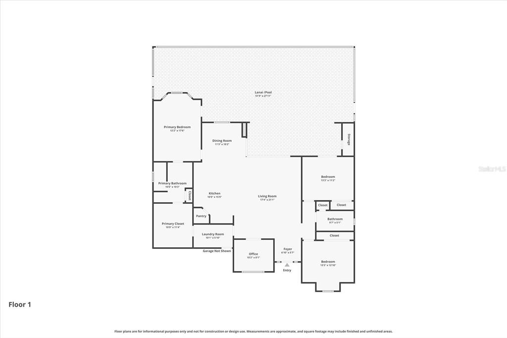This is a floor plan for a single-story house with three bedrooms and a pool — 48 LONG MEADOW LANE, ROTONDA WEST, FL