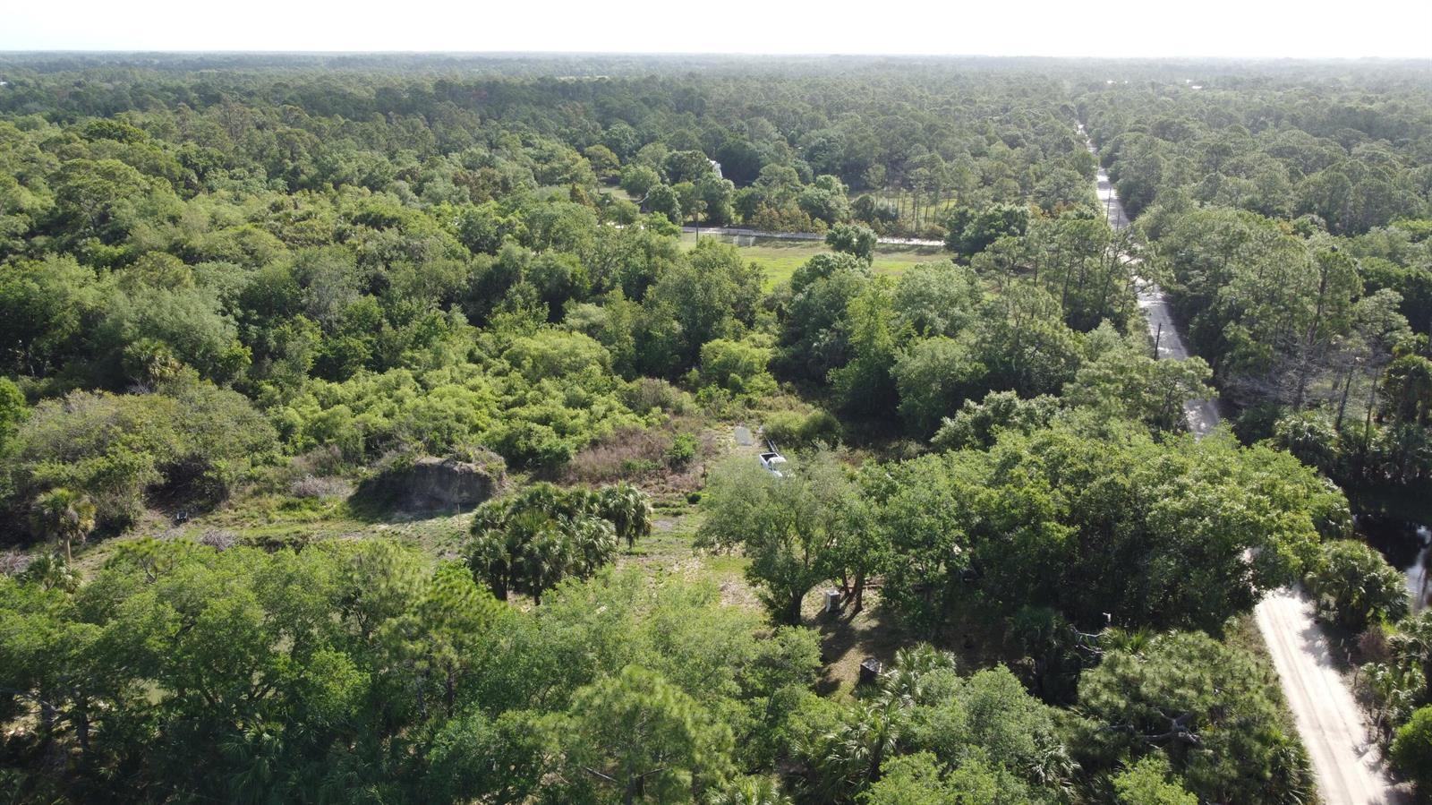 An aerial view shows a wooded lot with a dirt road and dense green vegetation — 0 SW 86th Street, FL 34956, FL