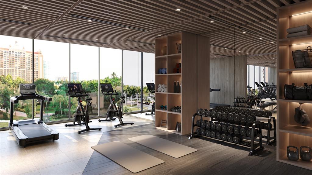 This rendering shows a modern gym with exercise equipment, floor-to-ceiling windows, and wood-slat ceilings — 688 GOLDEN GATE POINT UNIT 201, SARASOTA, FL