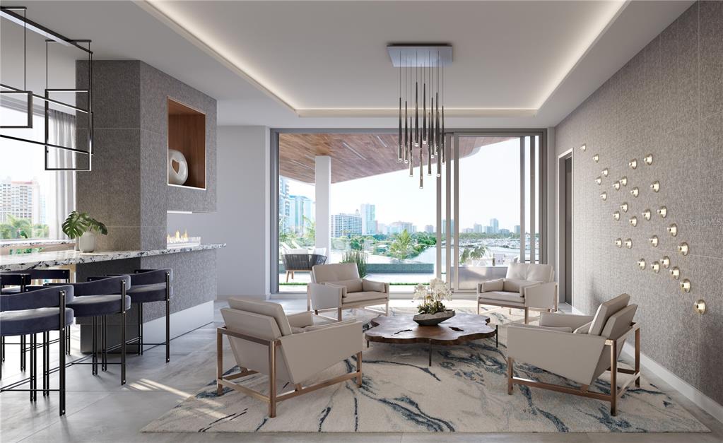 This rendering shows a modern living room with four armchairs, a coffee table, and balcony views — 688 GOLDEN GATE POINT UNIT 201, SARASOTA, FL