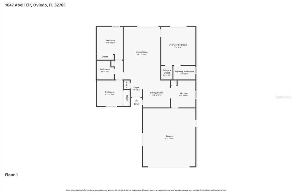 This is a floor plan for a single-story house with a garage and three bedrooms — 1047 ABELL CIRCLE, OVIEDO, FL