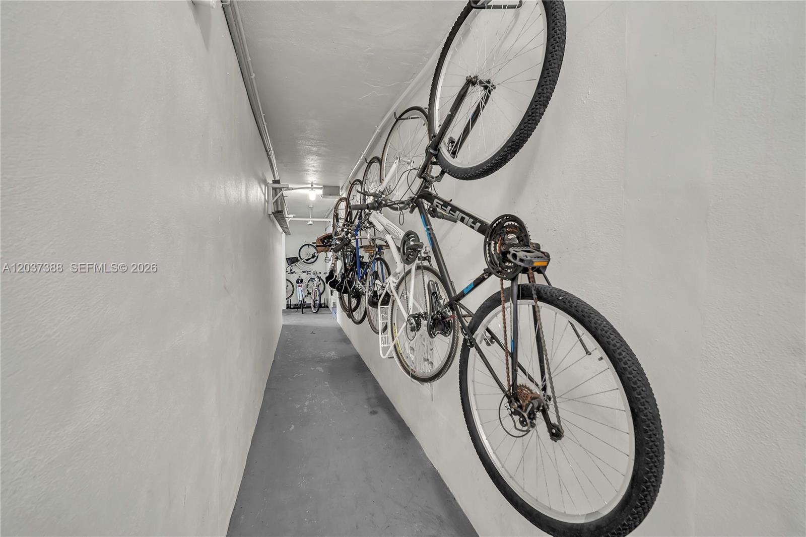 A narrow storage hallway features multiple bicycles mounted on the wall — 901 S Surf Rd # 506, Hollywood FL 33019, HOLLYWOOD, FL
