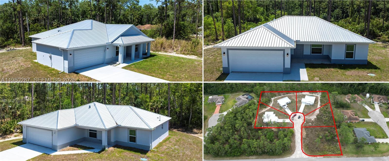 This image shows three exterior views of a house and an aerial site map — 2004-2009 Rosa Ct, Lehigh Acres FL 33972, LEHIGH ACRES, FL