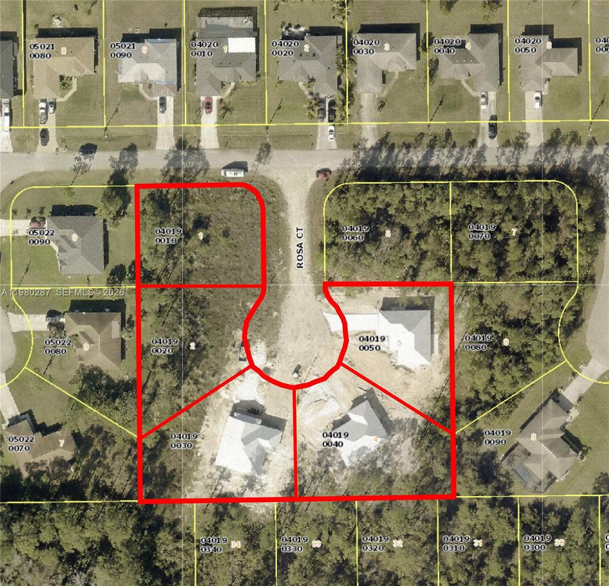 This is an aerial map showing several residential lots and a cul-de-sac — 2004-2009 Rosa Ct, Lehigh Acres FL 33972, LEHIGH ACRES, FL