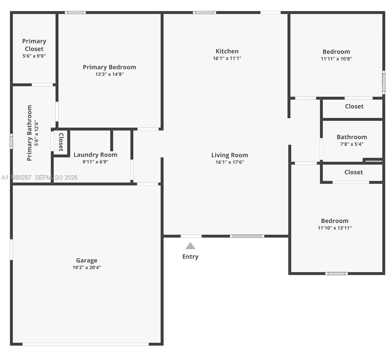 This is a floor plan of a single-story home with a garage and three bedrooms — 2004-2009 Rosa Ct, Lehigh Acres FL 33972, LEHIGH ACRES, FL