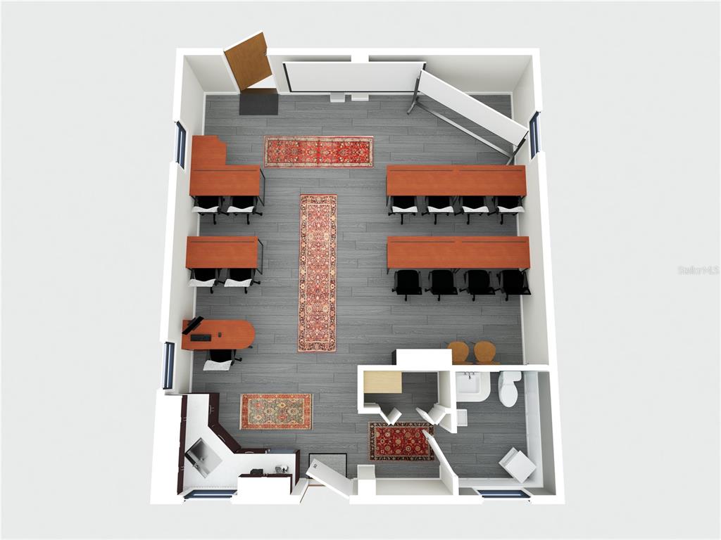This 3D floor plan rendering shows a classroom with desks, chairs, and a small restroom — 5830 W GULF TO LAKE HIGHWAY, CRYSTAL RIVER, FL
