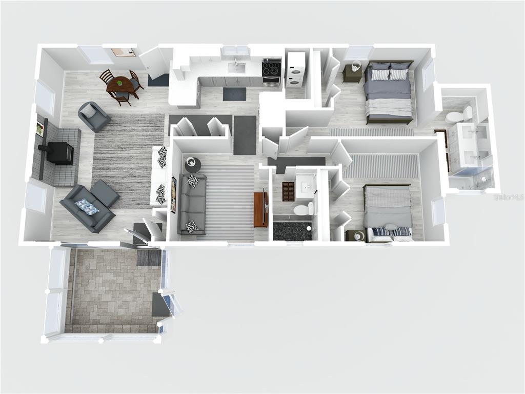 This is a 3D floor plan rendering of a two-bedroom apartment with a patio — 5830 W GULF TO LAKE HIGHWAY, CRYSTAL RIVER, FL