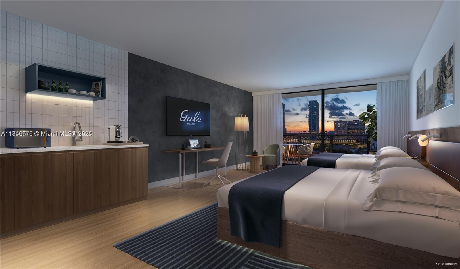 This rendering shows a modern hotel room with two beds, a kitchenette, and a balcony — 601 NE 1st Ave # 1604, Miami FL 33132, MIAMI, FL