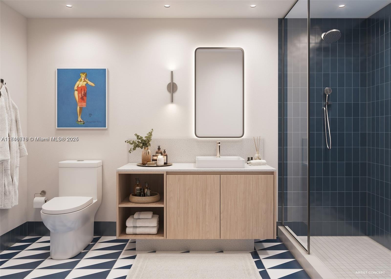 This rendering shows a modern bathroom with a blue-tiled shower, vanity, and patterned floor — 601 NE 1st Ave # 1604, Miami FL 33132, MIAMI, FL