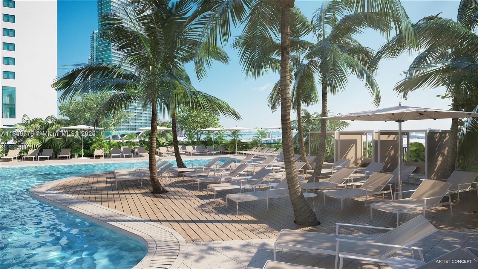 This rendering shows a resort-style swimming pool deck with lounge chairs and palm trees — 601 NE 1st Ave # 1604, Miami FL 33132, MIAMI, FL