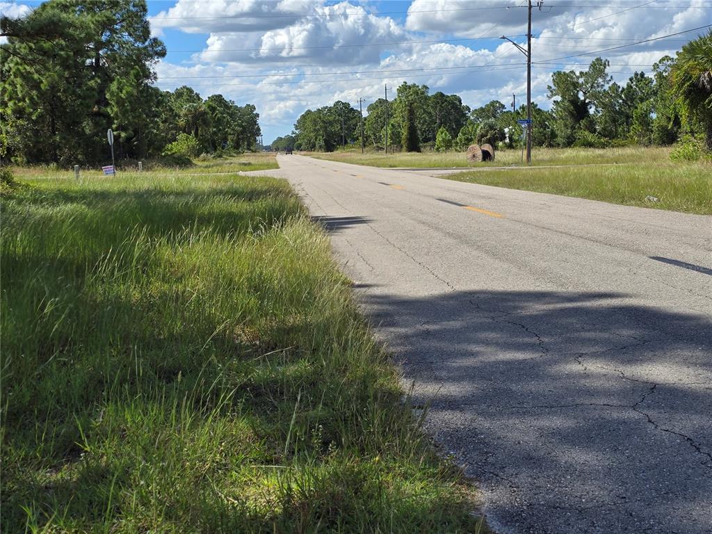 A paved road stretches into the distance through a grassy, wooded rural landscape — 1111 NIMITZ BOULEVARD, LEHIGH ACRES, FL