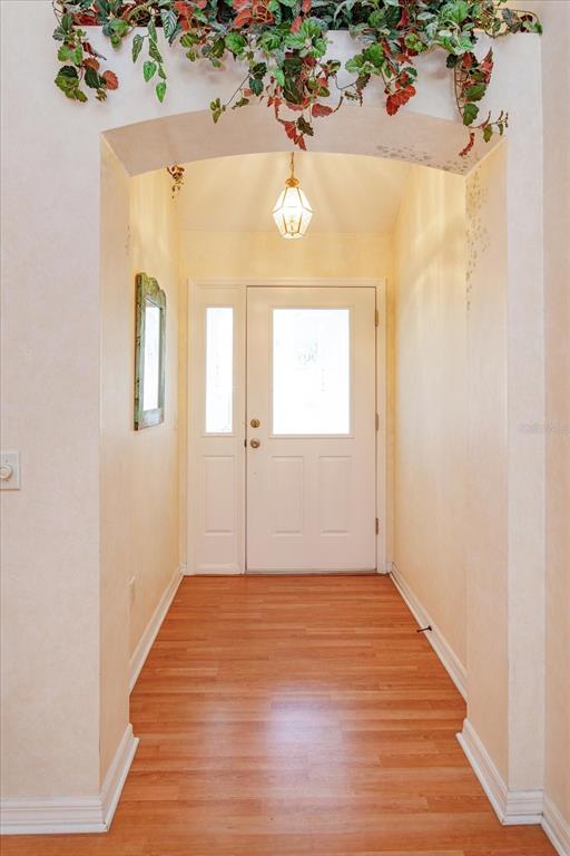 An entryway features a white front door, wood-look flooring, and an arched ceiling with greenery — 1115 SALDIVAR ROAD, LADY LAKE, FL