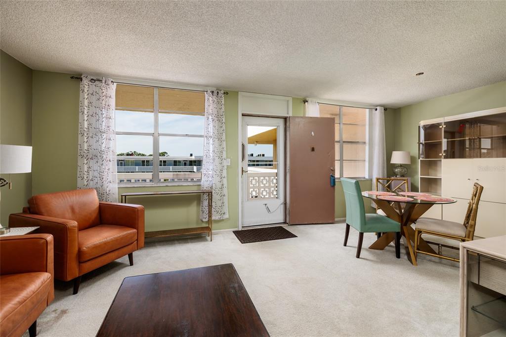 A living and dining area features light green walls, carpeted floors, and an open door — 4915 BAY STREET NE UNIT 331, ST PETERSBURG, FL