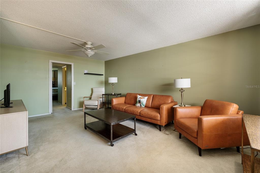 A living room features a leather sofa and armchair, a coffee table, and green walls — 4915 BAY STREET NE UNIT 331, ST PETERSBURG, FL