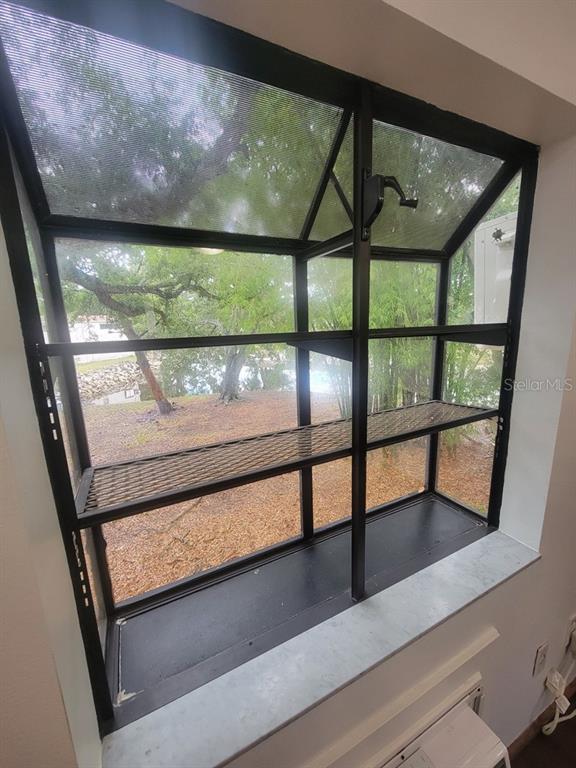 A black-framed garden window with built-in shelves overlooks a wooded outdoor area — 2142 BRADFORD STREET UNIT 325, CLEARWATER, FL