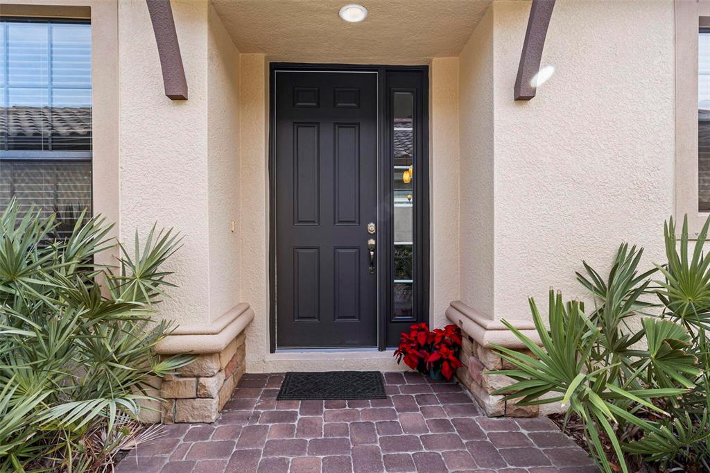 A dark front door with a side window sits under a covered entryway with pavers — 8424 ALBERATA VISTA DRIVE, TAMPA, FL