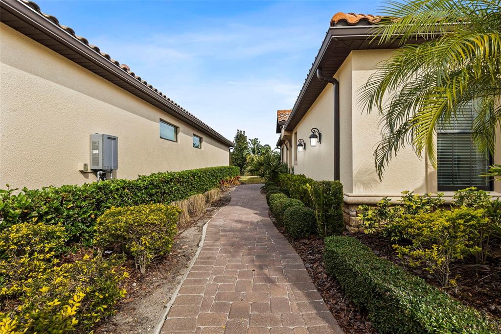 A paved walkway leads between two beige stucco houses lined with manicured hedges and landscaping — 8424 ALBERATA VISTA DRIVE, TAMPA, FL