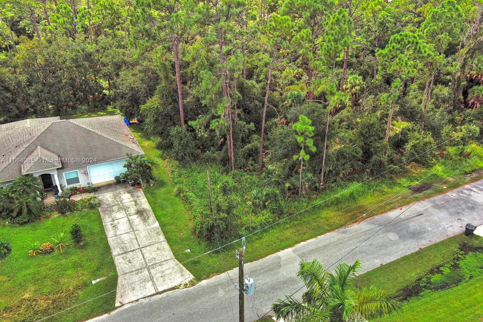 An aerial view shows a house with a concrete driveway next to a wooded lot — #1 Shaffer Ave, North Port FL 34291, NORTH PORT, FL