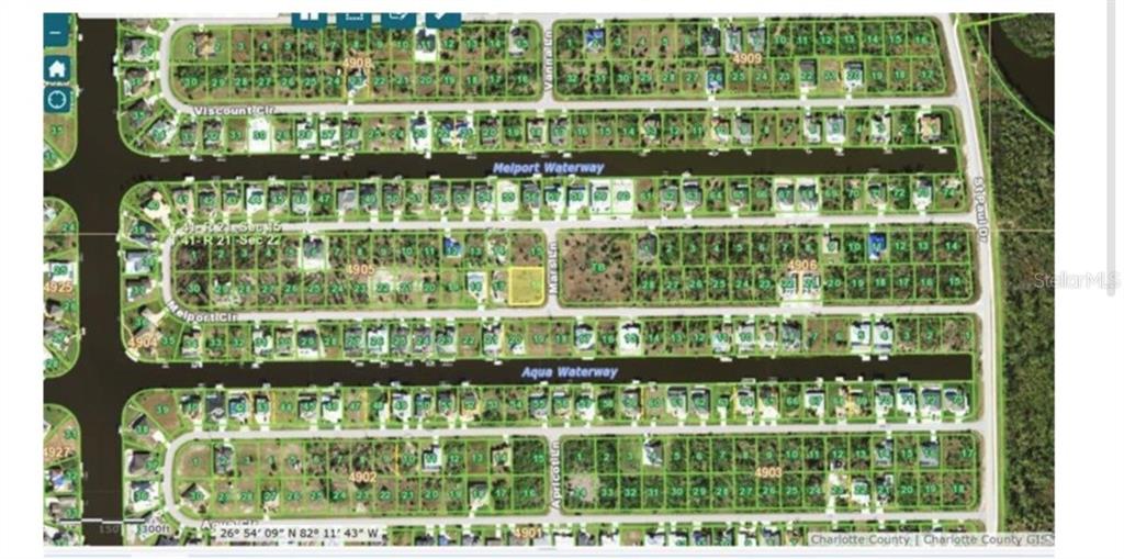 This is a map showing a residential neighborhood with individual land parcels and waterways — 15835 MELPORT CIRCLE, PORT CHARLOTTE, FL
