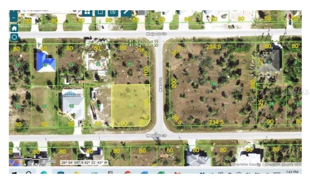 This is a GIS map showing a vacant residential lot highlighted in yellow — 15835 MELPORT CIRCLE, PORT CHARLOTTE, FL
