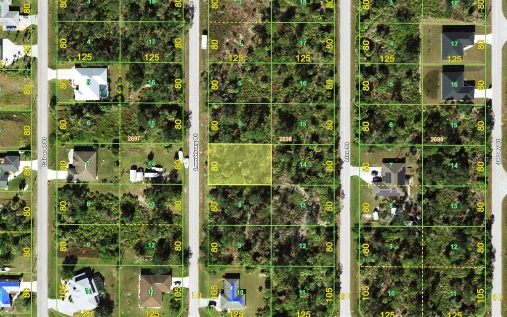 This is an aerial map showing residential land parcels and streets in a neighborhood — 3294 LEECHBURG STREET, PORT CHARLOTTE, FL