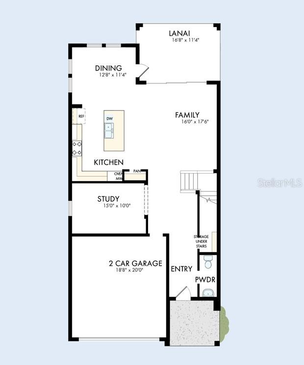 This floor plan shows the first level of a home with a garage, kitchen, and lanai — 3519 YELLOW CASSIA DRIVE, WESLEY CHAPEL, FL