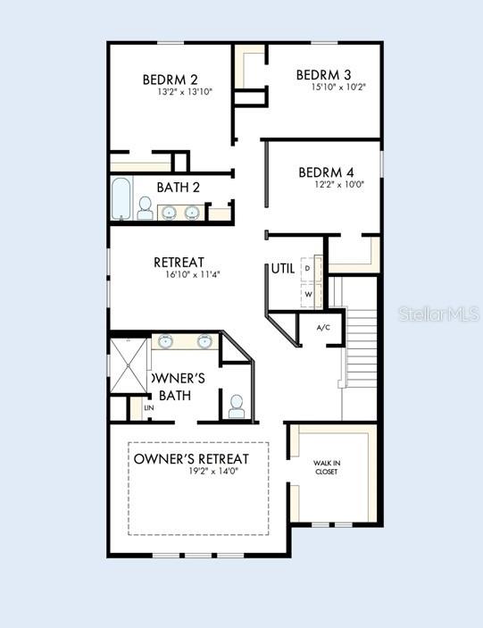 This floor plan shows the upper level of a house with four bedrooms and three bathrooms — 3519 YELLOW CASSIA DRIVE, WESLEY CHAPEL, FL