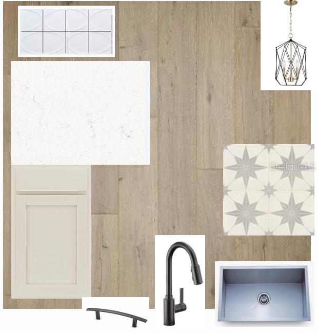 This is a design mood board featuring kitchen finishes, including cabinetry, flooring, hardware, and fixtures — 3519 YELLOW CASSIA DRIVE, WESLEY CHAPEL, FL