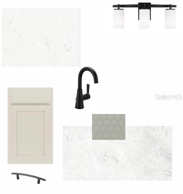 This design board displays a bathroom vanity cabinet, countertop, faucet, hardware, light fixture, and tile — 3519 YELLOW CASSIA DRIVE, WESLEY CHAPEL, FL