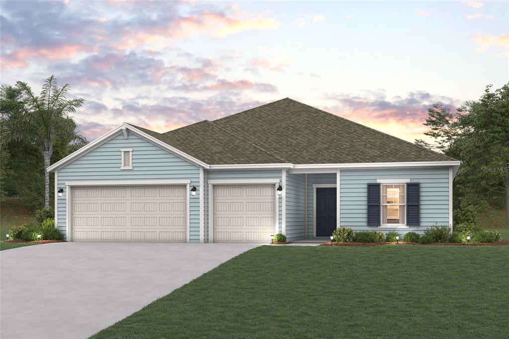 A digital rendering of a light blue, single-story house with a three-car garage — 59 PEGASUS ROAD, FLAGLER BEACH, FL