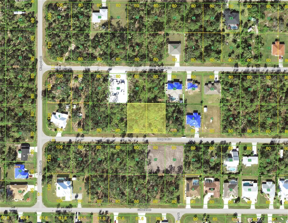 This is an aerial map showing residential lots and houses along several streets — 17402 / 17410 REAPER AVENUE, PORT CHARLOTTE, FL