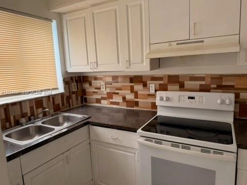 A kitchen features white cabinets, a dark countertop, a double sink, and a white stove — 8447 NW 4th Ave # 8447, Miami FL 33150, MIAMI, FL