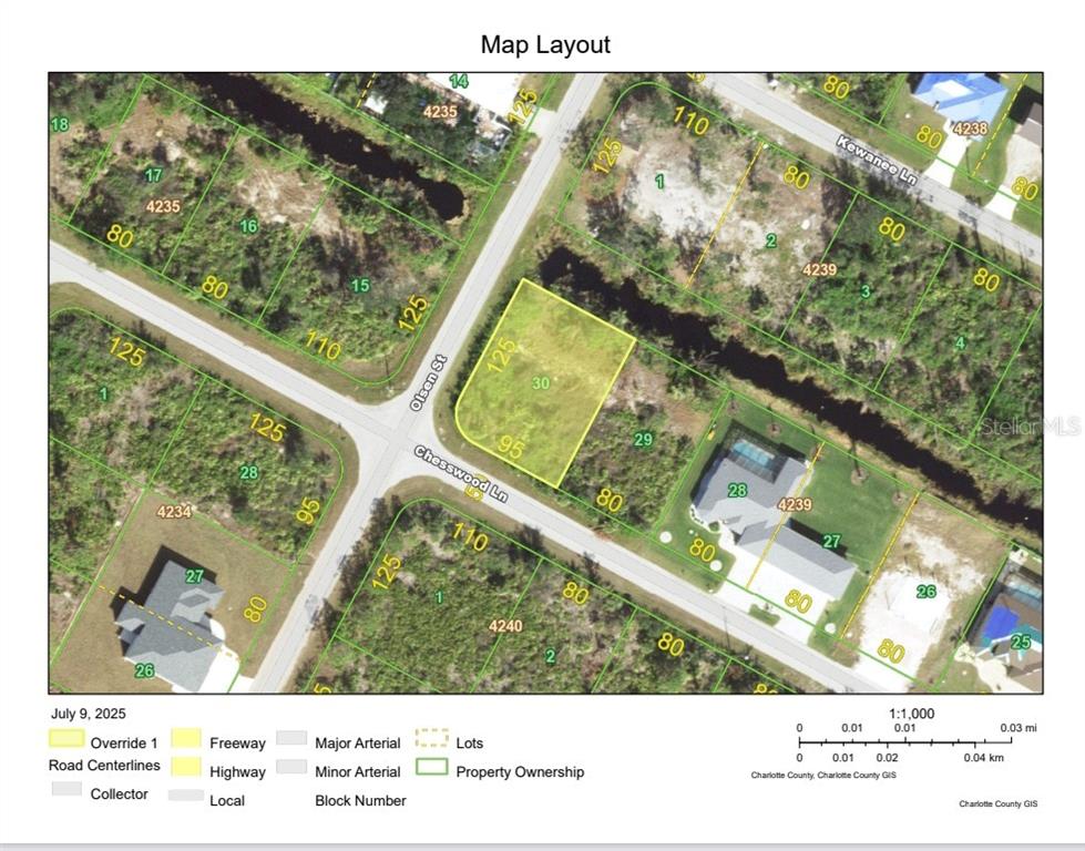 This is a map layout showing property lot lines, road centerlines, and block numbers — 14052 CHESSWOOD LANE, PORT CHARLOTTE, FL